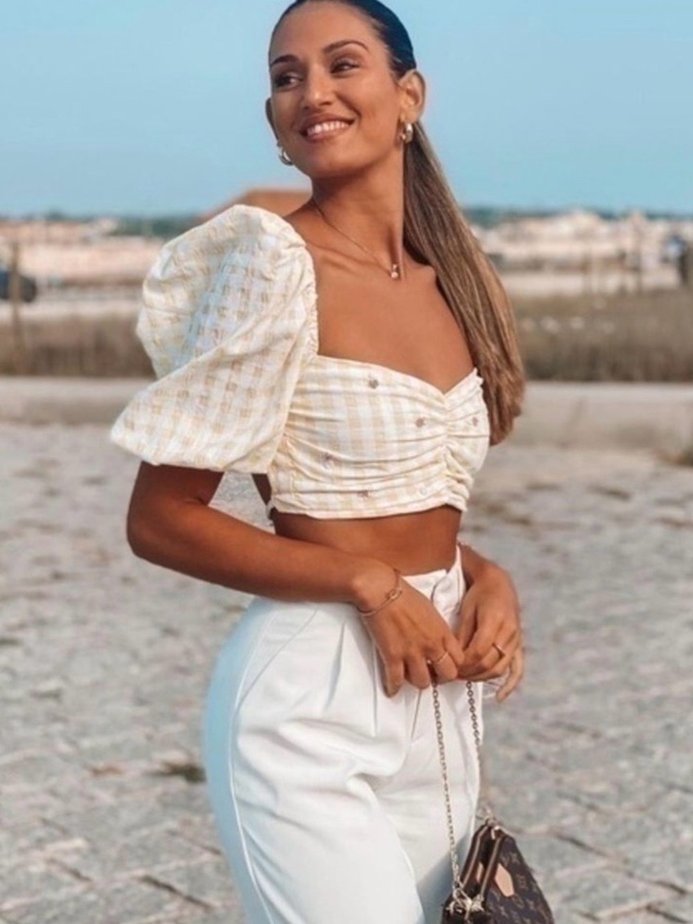 Plaid Cream Puff-Sleeve Cropped Top